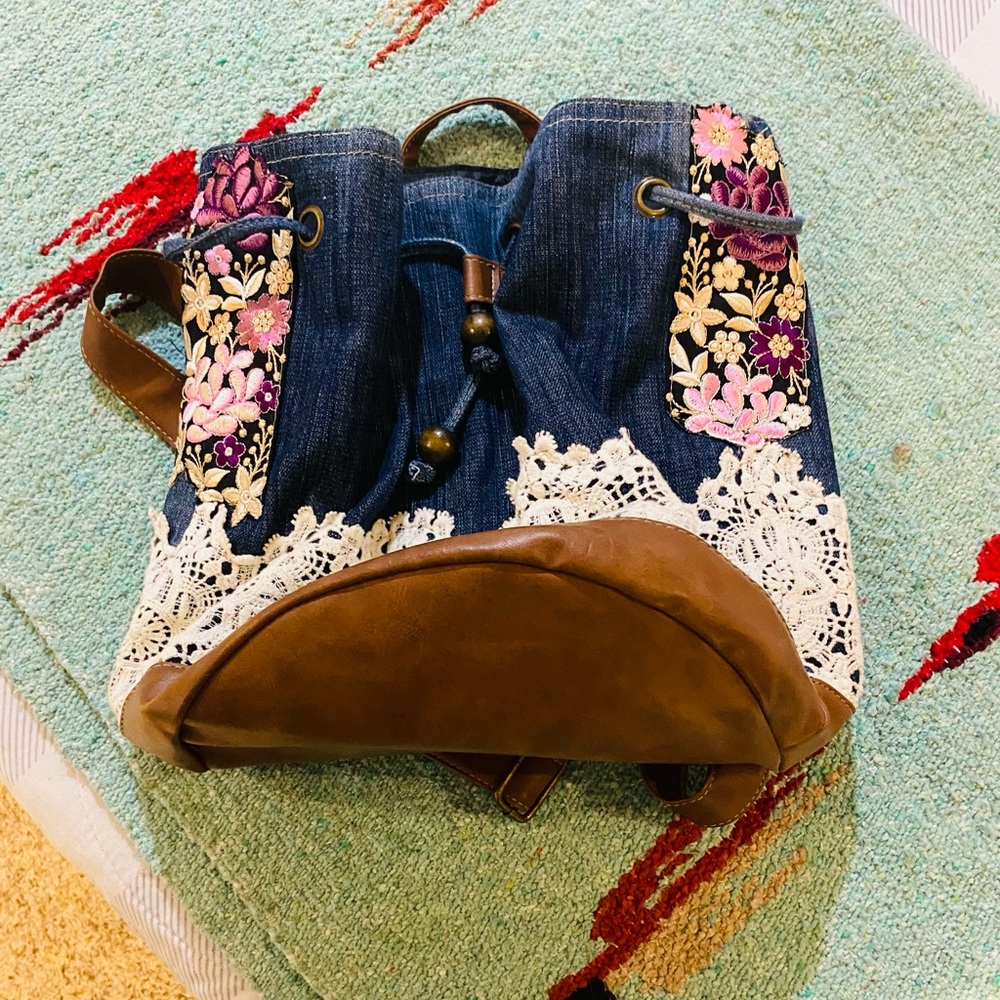 Claire's Denim Backpack with Lace and Floral Embroidery - Picture 7 of 12